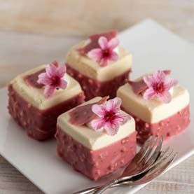 Bakers wall of fame | White Chocolate Entremet coated in Ruby Chocolate & Caramelised Hazelnuts and peach blossom